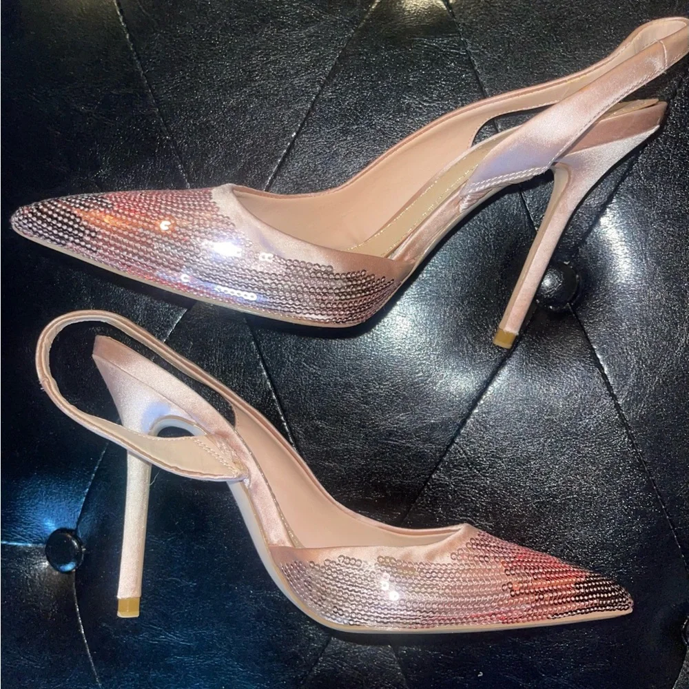 ❌SOLD❌Zara Elegant Pink Sequin Pointed-Toe Slingback Heels size 37 - Picture 3 of 6